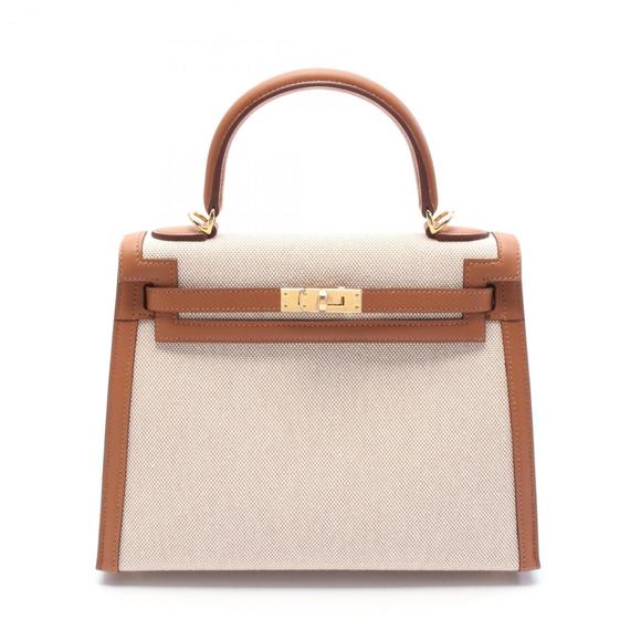 Hermes HERMES Kelly 25 Handbag Leather Canvas Toile H Swift Women's Beige Bro... - Picture 2 of 7